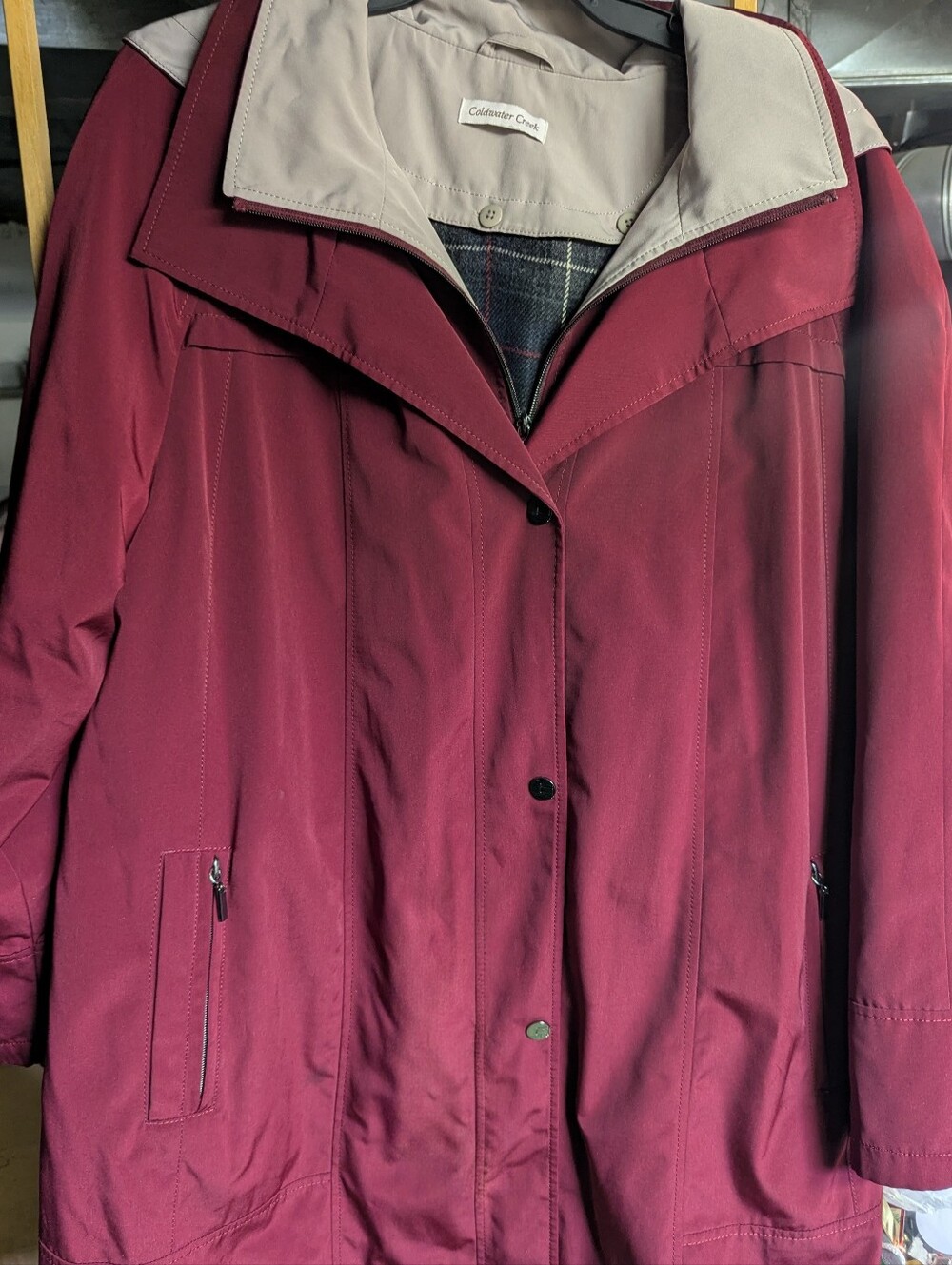 Coldwater Creek Women's Burgundy Trench Coat with Cream Collar